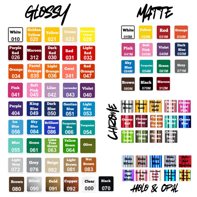 Puede incluir: Carta de colores con acabados brillantes, mate, cromo y holo & &oacute;palo. La carta muestra una variedad de colores, incluyendo blanco, amarillo, rojo, naranja, rosa, azul, verde y marr&oacute;n, con los c&oacute;digos de color correspondientes.
