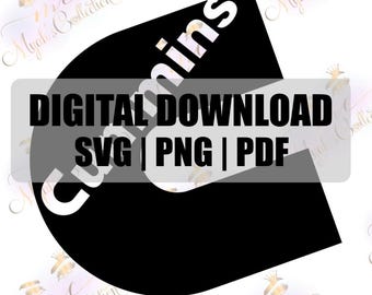 Puede incluir: Un gráfico de descarga digital con el texto "DIGITAL DOWNLOAD SVG | PNG | PDF" en blanco sobre un rectángulo gris. El gráfico está sobre un fondo en blanco y negro con la palabra "Cummins" en blanco.