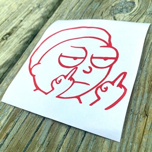 Puede incluir: Adhesivo de vinilo rojo que representa a un personaje de dibujos animados haciendo la peineta con ambas manos. El personaje tiene una expresi&oacute;n de mal humor y est&aacute; delineado en rojo. El adhesivo est&aacute; sobre un fondo blanco.