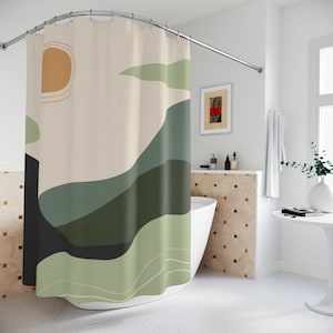 Peaceful Meditation Apartment Bathroom Curtain \ Shower Curtain Or Mat \ Sunrise Yoga Warm Natural Colors \ Minimalistic Contemporary Art