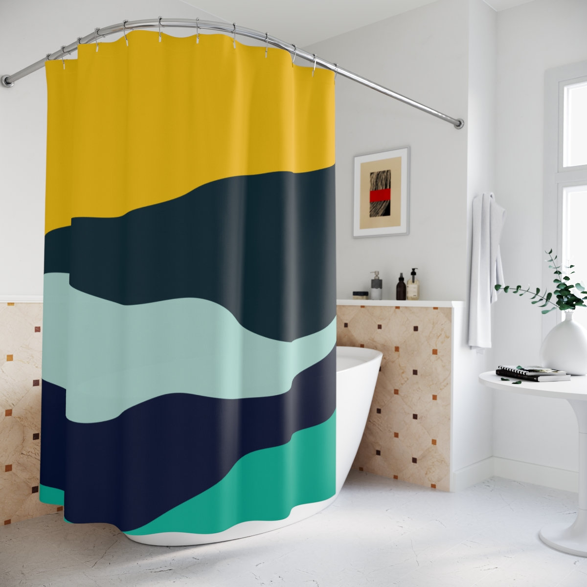 Boho Abstract Waves Doccia Tenda o tappetino, Moderno blu arancione, Lago di design Tenda, Tenda da bagno, Decorazione, Minimalista Menta Home Art