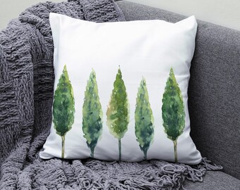 Watercolor Evergreen Trees Floral Spun Polyester Square Pillow | Decorative Pillow Decor Couch Pillow |  Flower Spring Cushion Living Room