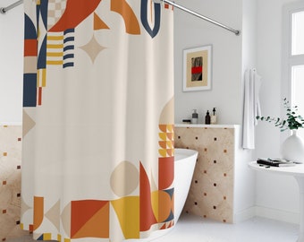 Boho Abstract Shapes Shower Curtain Or Mat, Modern Orange, Lake Designer Curtain, Bathroom Curtain, Decoration, Minimalist Leaf Home Art