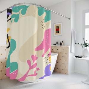 Abstract Art Shower Curtain Or Mat, Pink Leaves Retro Shapes, Apartment Bathroom Curtain, Minimalistic Contemporary Art, Minimal Curtain