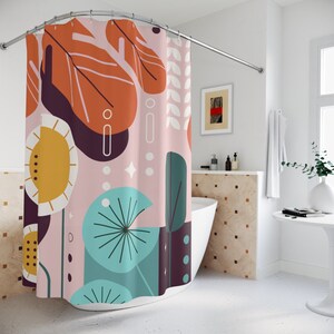 Abstract Art Shower Curtain Or Mat, Retro Leaves Leaf Sunset Sunshine, Apartment Bathroom Curtain, Contemporary Art, Minimal Curtain