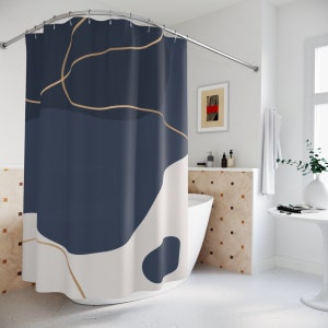 Boho Abstract Pattern Shower Curtain Or Mat, Modern Blue Gold, Contemporary Art, Bathroom Curtain, Decoration, Minimalist Mint Home Art