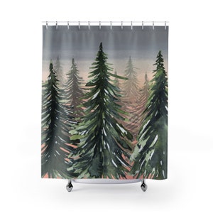 Sunset Woods, Pine Trees Shower Curtain, Bath Curtain, Green Forest, Woods, Bathroom decoration, Home decor, Camping, Lake house decoration
