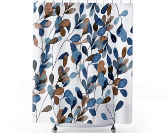 Watercolor Blue Leafs Flowers Bath Curtain, Floral Shower Curtain, Winter Bathroom decoration, Home decor, Farmhouse, Lake house, fall decor