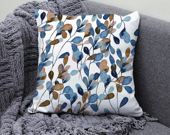 Watercolor Blue Leafs Flowers Floral Spun Polyester Square Pillow | Decorative Pillow Decor Couch Pillow | Flower Spring Cushion Living Room