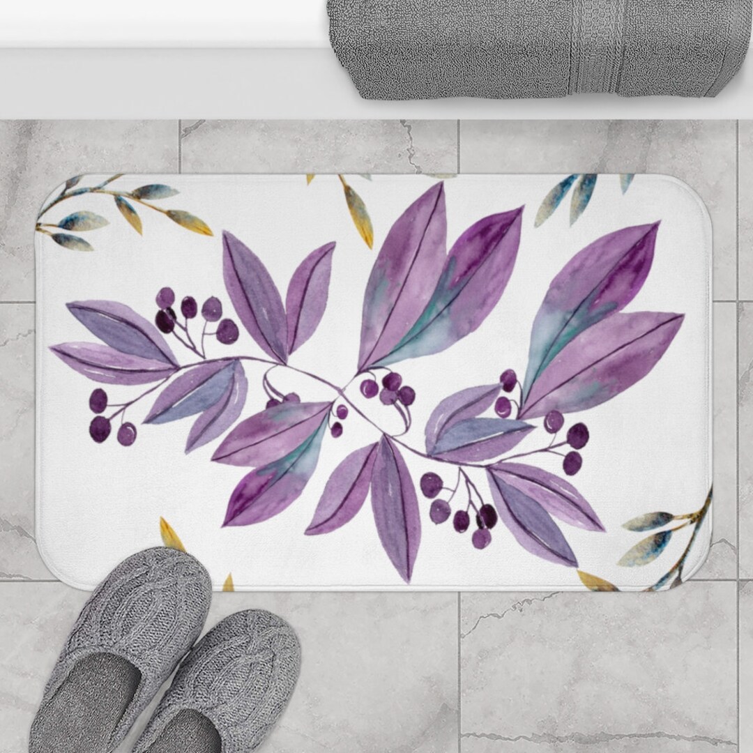 Watercolor Purple Flowers Floral Bath Mat, Farmhouse Bathroom, Floral ...