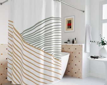 Tenda da doccia di arte astratta o tappetino, linee di senape grigia, tenda bagno appartamento onde, arte contemporanea minimalista, tenda minima