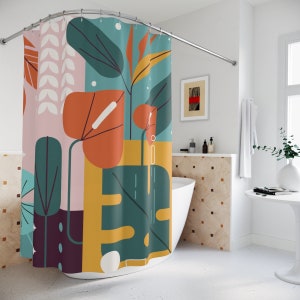 Abstract Art Shower Curtain Or Mat, Retro Leaves Leaf Sunset Sunshine, Apartment Bathroom Curtain, Contemporary Art, Minimal Curtain