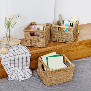 Handmade Seagrass Wicker Baskets with Wooden Handles - 3-Pack