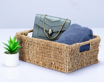 Spacious Large Rectangular Wicker Basket - Ideal for Shelf Storage, Durable Seagrass Basket, Eco-Friendly Natural Organizer for Home