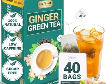 LeafLea Ginger Green Tea Bags: Soothing Digestion, Low Caffeine (40 Bags)