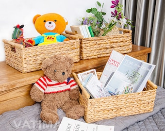 Water Hyacinth Storage Baskets - Wicker Bins with Wooden Handles - 3-Pack