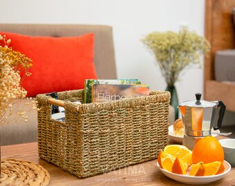Medium Natural Seagrass Storage Basket , Rectangular Wicker Basket Organizing, Decorative Wicker Storage Basket for Living Room