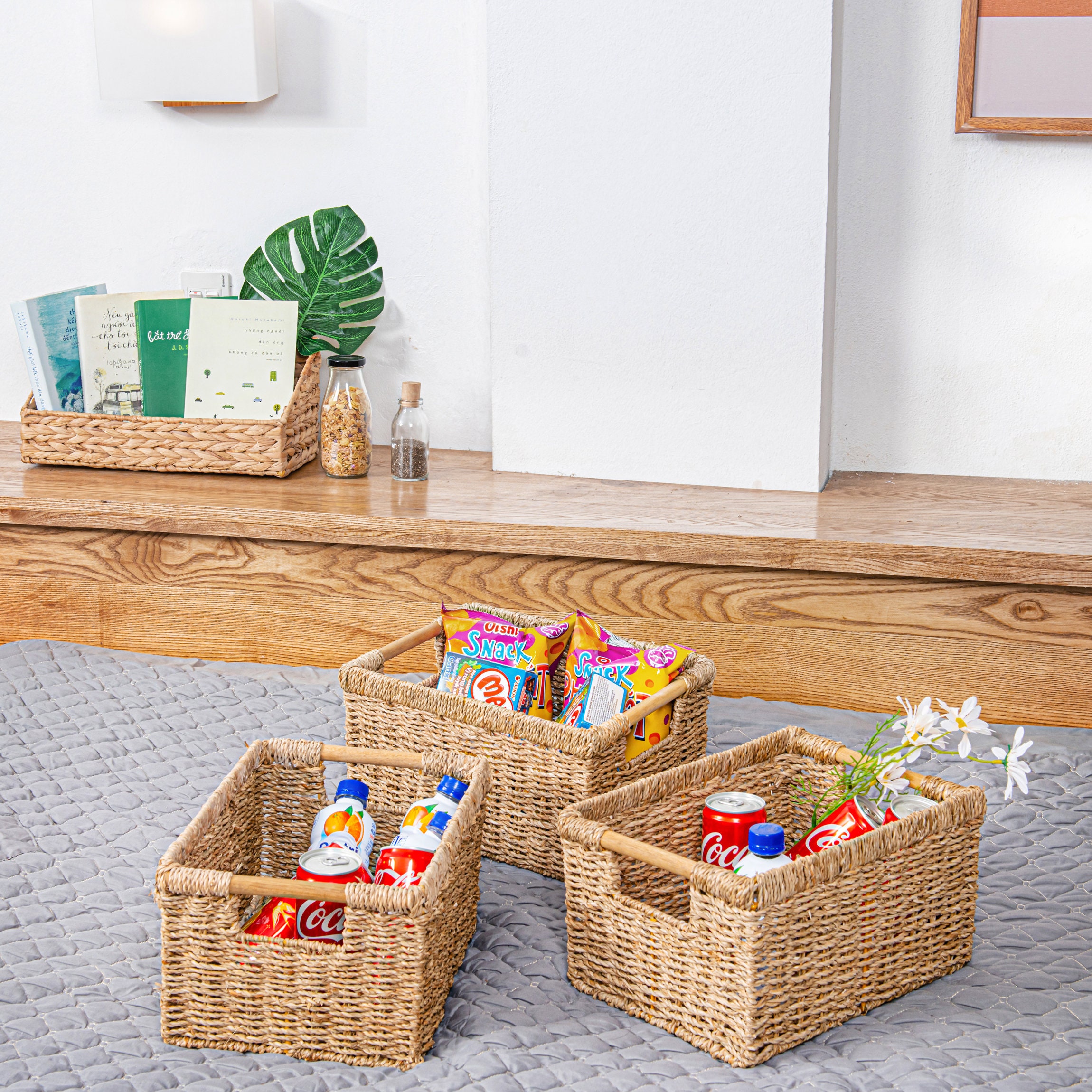 Lot De 3 Paniers Rangement Jonc De Mer - 26.5x24x19cm - Pliables, Naturels - Organisateur Maison