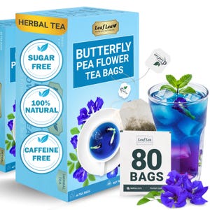 LeafLea Blue Butterfly Pea Flower Tea | 80 Bags (Pack of 2)| Natural Tea for Blue & Purple Drinks, Food Coloring | Caffeine-Free, Herbal Tea
