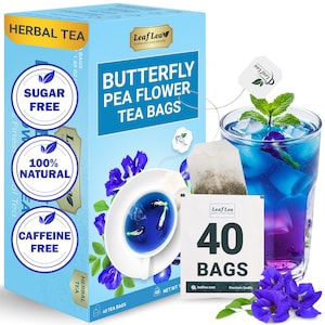 LeafLea Blue Butterfly Pea Flower Tea | 40 Bags | Herbal Tea for Relaxation, Mocktails & Natural Food Coloring | Caffeine-Free, Sugar-Free