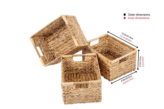 Small Wicker Baskets for Storage Organizing, Water Hyacinth Baskets  Rectangular, Natural Wicker Storage 3 Pack same Size 