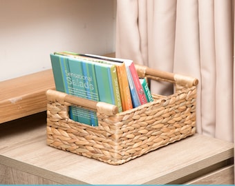 Woven Water Hyacinth Storage Basket with Wooden Handles