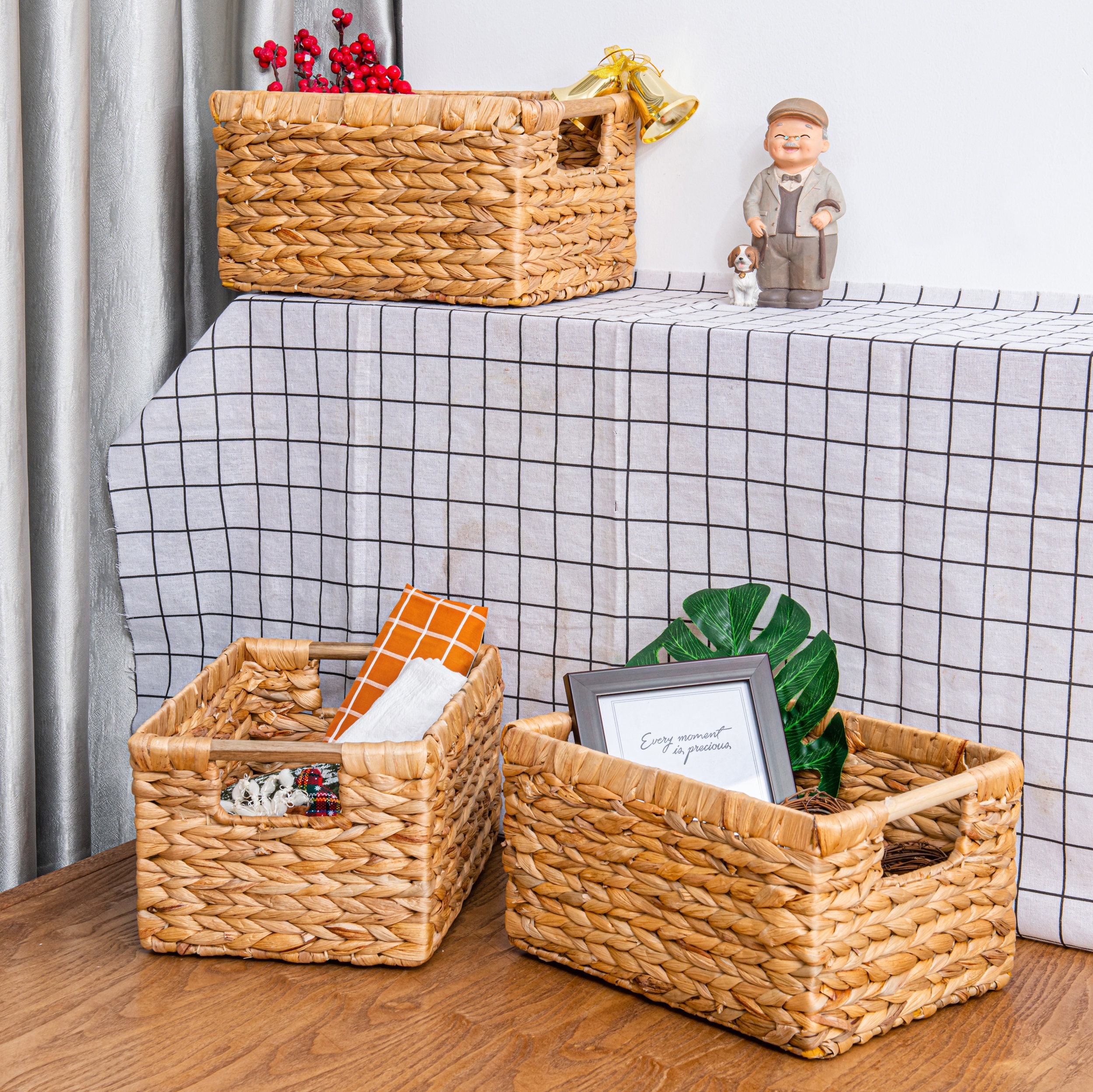 Paquete de 2 cestas rectangulares pequeñas de mimbre para estantes, cestas  de jacinto de agua tejidas a mano de 6 pulgadas de ancho para organización