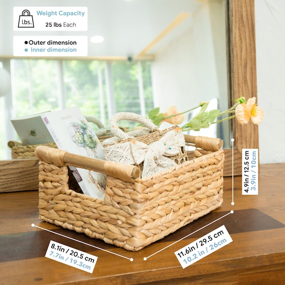 Small Wicker Baskets for Storage Organizing, Water Hyacinth Baskets  Rectangular, Natural Wicker Storage 3 Pack same Size 