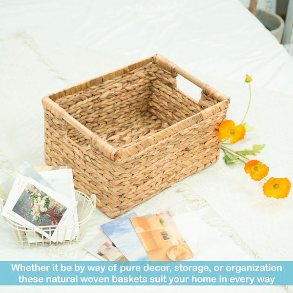 Large Wicker Baskets for Storage, Water Hyacinth Storage Baskets Rectangular, Natural Wicker Storage - 14.5"L x 10.3"W x 7.5"H (1 Pack)