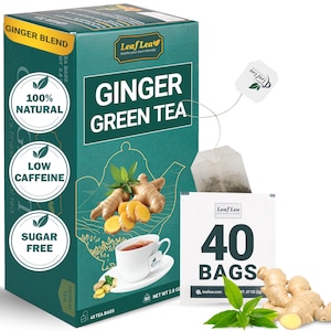 LeafLea Ginger Green Tea Blend | 40 Bags | Natural Ginger & Green Tea for Digestion, Immunity Boost, Low Caffeine | Daily Wellness Tea