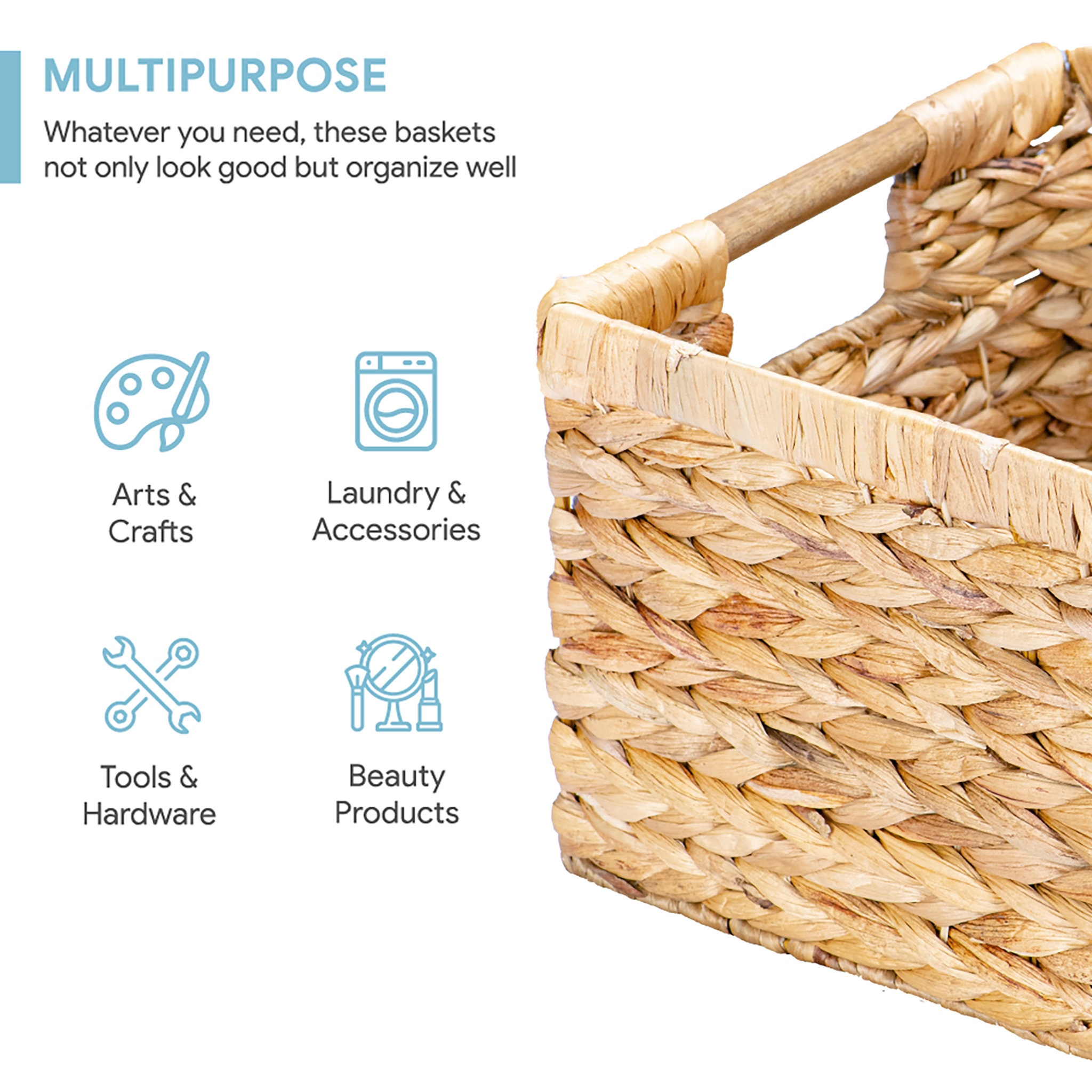 3-pack Large Rectangular Water Hyacinth Wicker Baskets With Wooden ...