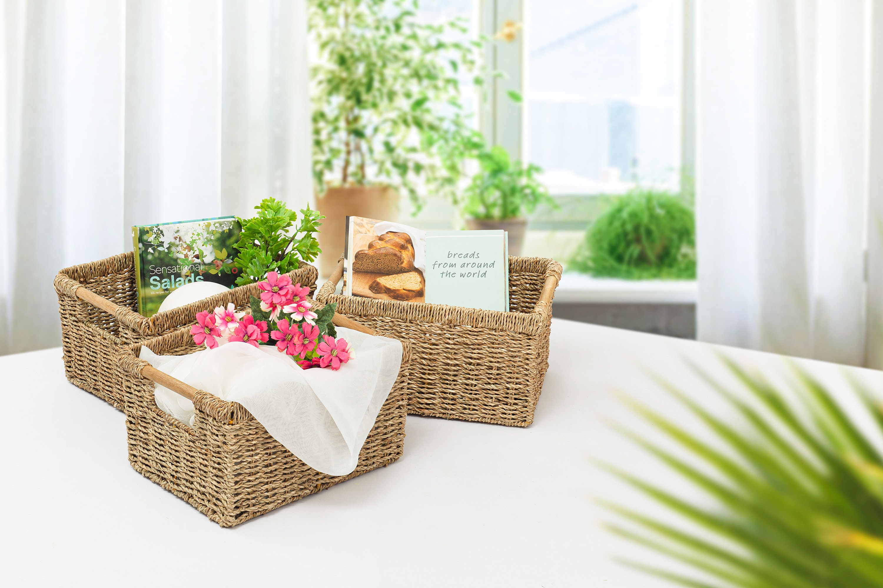 Small Wicker Baskets for Storage Organizing, Water Hyacinth Baskets  Rectangular, Natural Wicker Storage 3 Pack same Size 