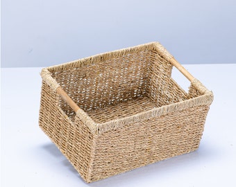Handwoven Seagrass Storage Basket: Rectangular Wicker Organizer with Handles