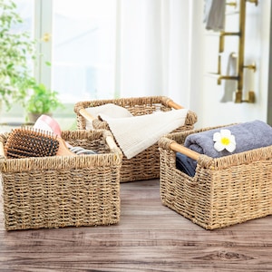 3-Pack Small Seagrass Wicker Baskets with Wooden Handles - Ideal for Bathroom Organization & Storage