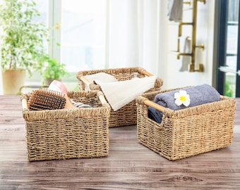 Wicker Baskets for Organizing Bathroom, Seagrass Baskets for Storage, Wicker Basket with Wooden Handle, Decorative Small Basket - 3 Pack
