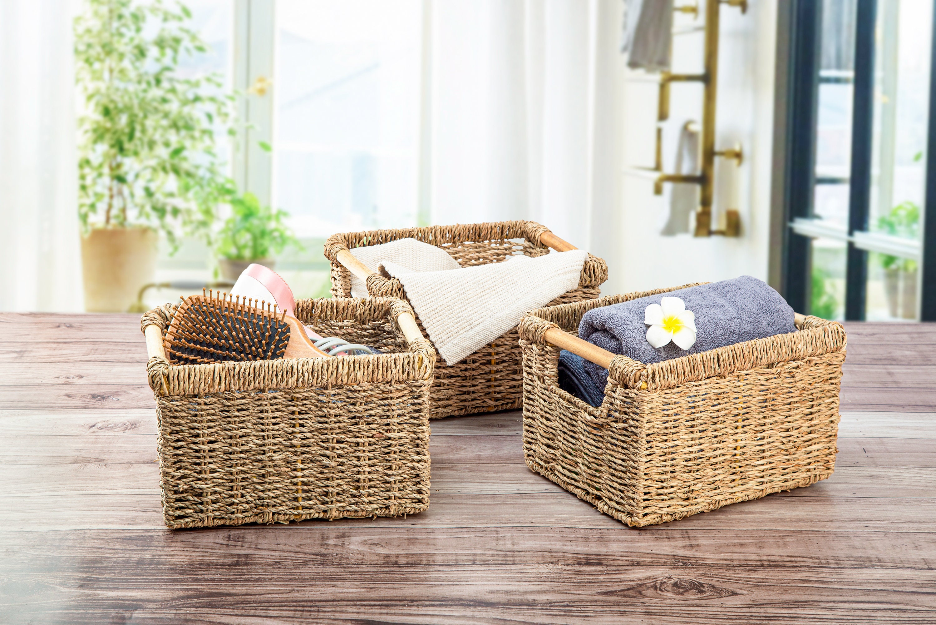 3 Section Bathroom Basket Wicker Baskets for Shelves Seagrass