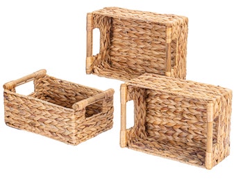 Water Hyacinth Wicker Baskets with Handles: Set of 3 Small Rectangular Storage Bins
