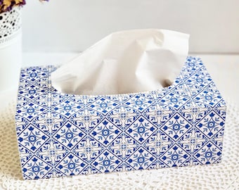 White Tissue Box Cover with Blue Tiles in Portuguese Moroccan Style, Rectangular Tissue Box, Napkin Holder, Decorative Box for Napkins