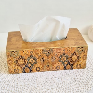 Wooden Tissue Box Cover in Oriental Style, Brown Beige Gold Tissue Box Holder, Napkin Holder, Decorative box for napkins, Gift for Her, Mom