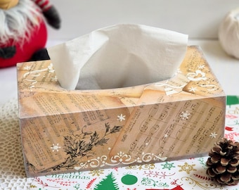 Wooden Rectangular Tissue Box Cover in Vintage Style with Christmas Décor