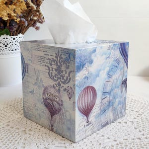 Funda para caja de pañuelos de estilo romántico/vintage, soporte blanco/azul, servilletero cuadrado de madera, caja decorativa para servilletas.