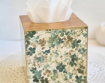 Couvercle de boîte à mouchoirs en bois fait main, ornement floral vert, support en bois d'aulne de découpage