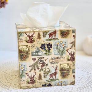 Wooden Tissue Box Cover with Forest Picture, Green/Beige Tissue Box Holder, Handcrafted Square Napkin Holder, Decorative Box for Napkins