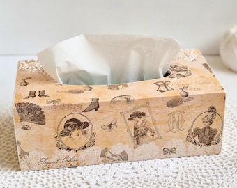 Drewniana osłona na pudełko na chusteczki w stylu vintage, uchwyt na serwetki z decoupage'em, beżowy wystrój retro (26x14x9 cm)