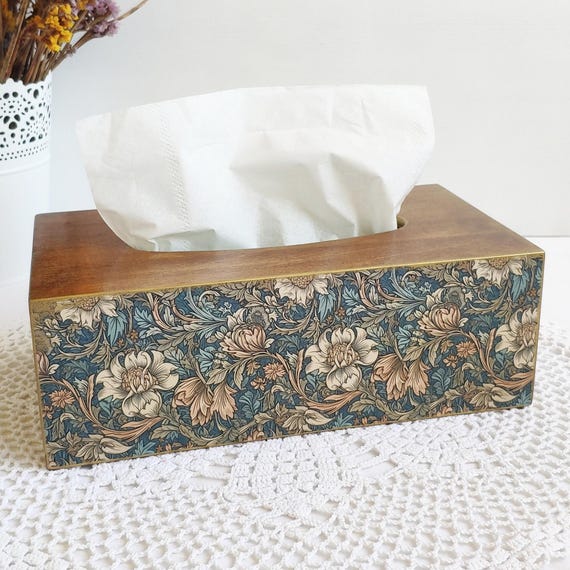 Floral wooden tissue box cover, Tissue storage, Handcrafted rectangular tissue box holder, Decorative decoupaged box for napkins