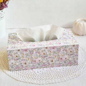 Funda para caja de pañuelos con diseño floral blanco, porta caja de pañuelos rectangular de madera, caja artesanal para servilletas, almacenamiento de pañuelos, porta servilletas con decoración decoupage