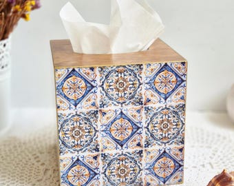 Tissue Box Cover with Blue Tiles, Wooden Square Tissue Box Holder Portuguese / Moroccan style, Napkin Holder, Decorative Box for Napkins