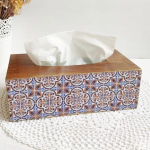 Caja de pañuelos de madera con azulejos azules, soporte para pañuelos estilo azulejos, caja de pañuelos rectangular, servilletero, caja decorativa para servilletas