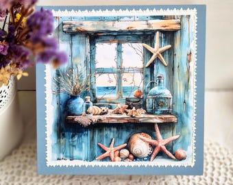 Wooden Tea Box with 4 Compartments, Tea Bag Organizer with Ocean Watercolor, Tea Storage Box, Tea Lovers Gift, Handmade Tea Box Gift for Mom