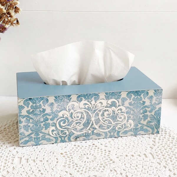 Tissue box cover in Vintage style, Blue tissue box holder, Wooden tissue box cover